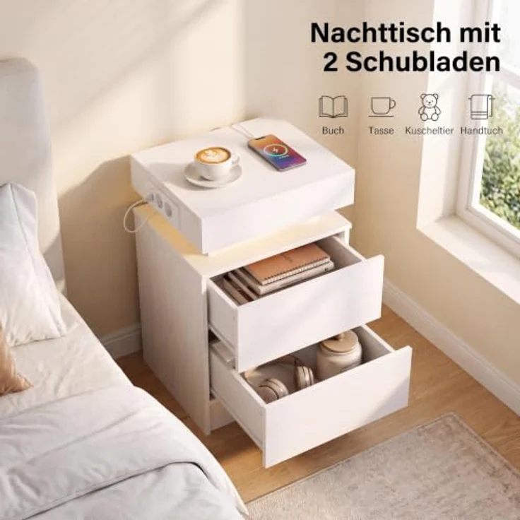 IRONCK Nachttisch 2er Set, Nachtschrank mit LED-Beleuchtung | Beistelltisch mit Ladefunktion, Steckdosen, USB & USB-C, 2 Schubladen, Kommode für Schlafzimmer Wohnzimmer, 35×40×60 cm, Weiß – Bild 6
