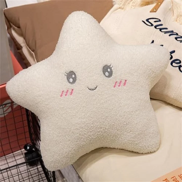 Kuschelkissen Kinder Sternkissen 40 cm Weiche Flauschige Sternform Zierkissen Sofakissen, Sternkissen Dekokissen für Kinderzimmer Mädchen Jungen (geschlossene Augen,Weiß) – Bild 4
