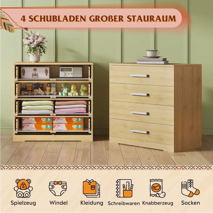 WLIVE Kommode mit 4/5 Schubladen, Moderne Schubladenkommode (Packung, Modernes Sideboard mit 3 Schubladen und 4 Fächern, Breite 75 cm), Vielseitiger Schubladenschrank für Schlafzimmer, Flur & Kinderzimmer – Bild 3