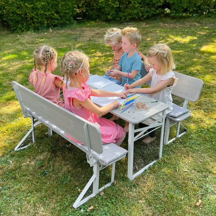 roba Outdoor Party-Garnitur für Kinder + Polster 'Little Stars' - Kindersitzgruppe mit Lehne aus FSC zertifiziertem Holz - 2 Bänke + 1 Tisch - Klappbare Sitzmöbel - Grau – Bild 10