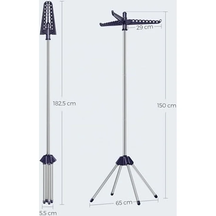 SONGMICS Wäscheständer, Standtrockner, 3 drehbare Armen für Kleiderbügel, Wäschespinne, 4 Beine, für Innenbereich, Edelstahl, für bis zu 27 Kleidungsstücke, 150 cm hoch – Bild 5