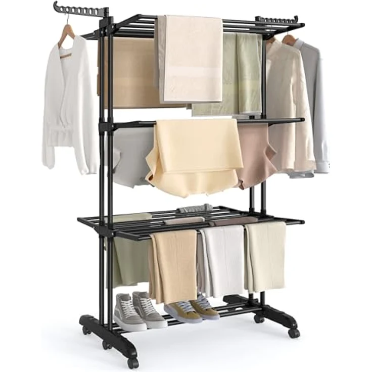 SONGMICS Wäscheständer, Standtrockner 4 Ebenen, Flügelwäscheständer, klappbare Flügel, mit Rollen, 63,5 x 125,5 x 173 cm, groß, einfacher Aufbau, tintenschwarz LLR703BZ02 – Bild 2