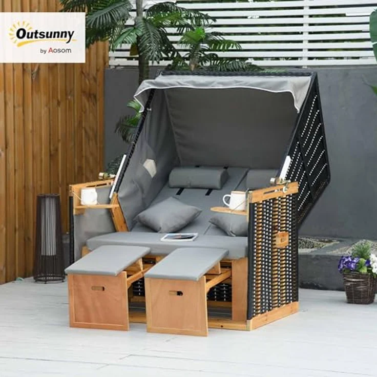 Outsunny Strandkorb mit Klapptisch, Volllieger Gartenliege aus PE Rattan, verstellbare Rückenlehne, hellgrau – Bild 2