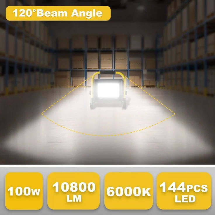 POPOLIC LED Baustrahler Tragbare Baustellenleuchte mit Aluminium-Gehäuse, 100W, IP66 wasserdicht, Baustellenbeleuchtung mit 3,5 m Kabel und EU-Stecker für Werkstatt und Garage, 100-W-LED-Baustellenstrahler, 10800 lm Arbeitsscheinwerfer – Bild 2