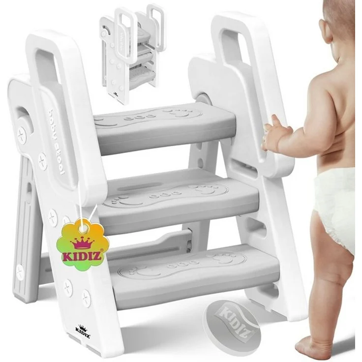 KIDIZ® Tritthocker für Kinder Trittleiter Klappbar mit 3 Stufen | Faltbarer Lern-Turm ab 18 Monaten bis 6 Jahren | Robust | Sicherer & Stabiler Trittschemel | Höhenverstellbar Rutschfest Weiß / Hellgrau – Bild 4