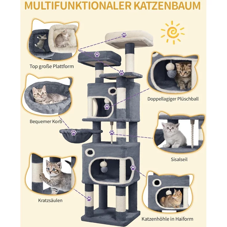 Kratzbaum, 159 cm Katzenbaum mit 8 Kratzsäulen, 3 Plattformen, 2 Höhlen, Korb, Plüschbälle, Sisalseil, Geeignet für Katzen Verschiedener Größen, Dunkelgrau – Bild 4