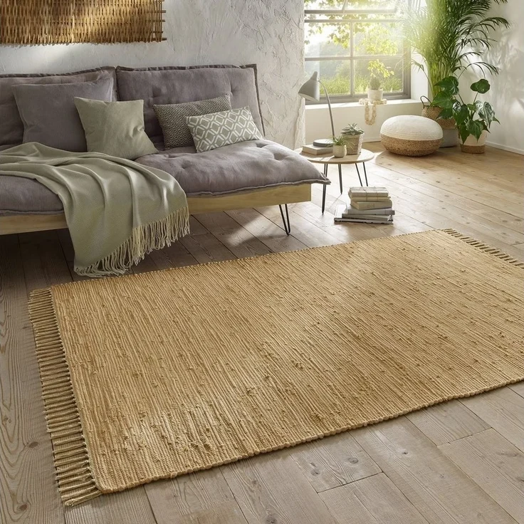 TaraCarpet Teppich Flickenteppich TaraCarpet Sylt mit Fransen, rechteckig, Höhe: 5 mm, Wohnzimmer Schlafzimmer Küchenteppich nachhaltig beige 070x250 – Bild 1