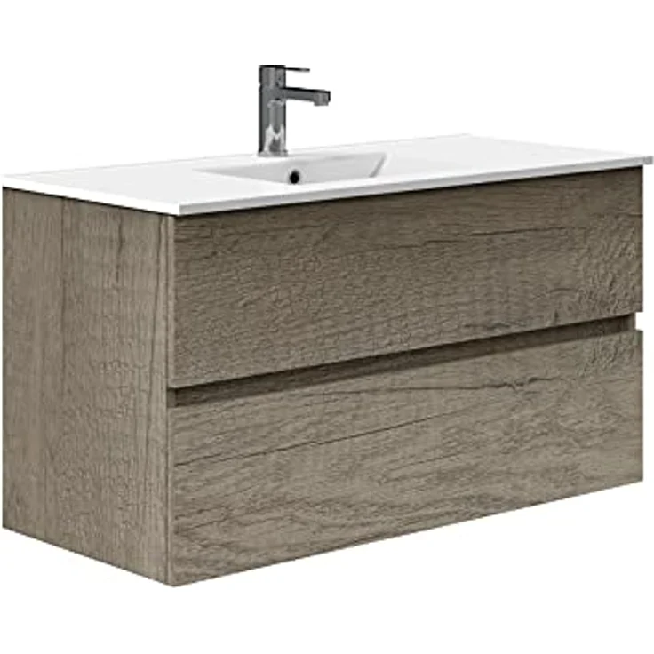 Baikal Badezimmerschrank, Zwei Schubladen, Wandmontage, mit Waschbecken, Melamin 16, montiert, Möbel 90 cm, Nebraska, ohne Spiegel – Bild 1