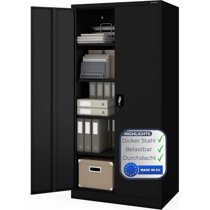 Aktenschrank abschließbar KADO - 5 Ebenen verstellbar, Flügeltüren | Metallschrank Werkstatt Mehrzweckschrank Büroschrank aus Stahl Werkzeugschrank, 185 x 90 x 60 cm Schwarz