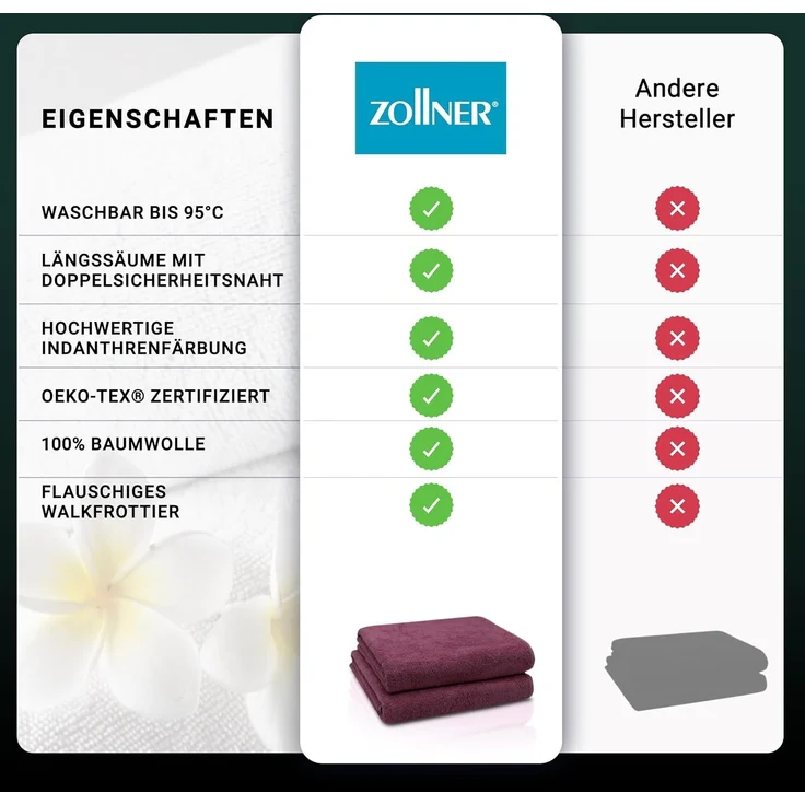 ZOLLNER 2er Set Badetücher, 100% Baumwolle, 100x150 cm, 420g/qm, violett – Bild 6