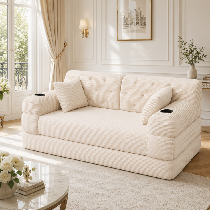 TavilaEcon 2-Sitzer Schlafsofa, komprimiertes Cord Sofa mit hoher Rückenlehne beige 81 × 80 × 168 cm (H × T × B) – Bild 3