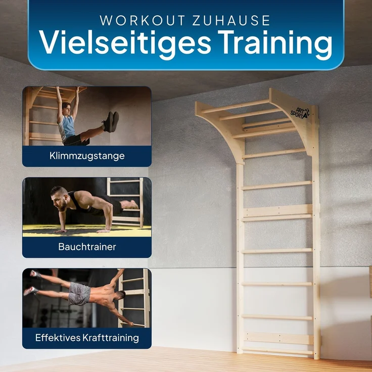 ArtSport Sprossenwand für Erwachsene - Indoor Klettergerüst aus Holz - Klimmzugstange & Krafttraining - Befestigung an Wand - Kletterwand - Natur – Bild 3