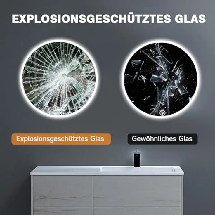 YOLEO Runder Badspiegel mit Beleuchtung, Spiegel rund 60cm mit Beleuchtung, Badezimmerspiegel Wandspiegel mit Touchschalter und Explosionsgeschütztes Glas, 3 Lichtfarben dimmbar, 6500K – Bild 6