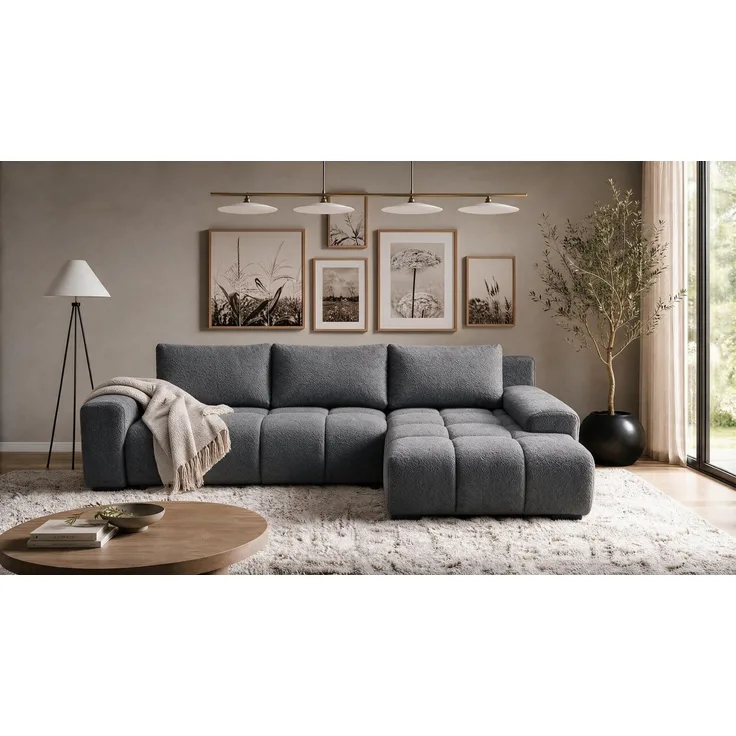 storez24 Ecksofa Ovia, mit Bettkasten und Schlaffunktion, Bouclé-Stoff, L-Form, bequem