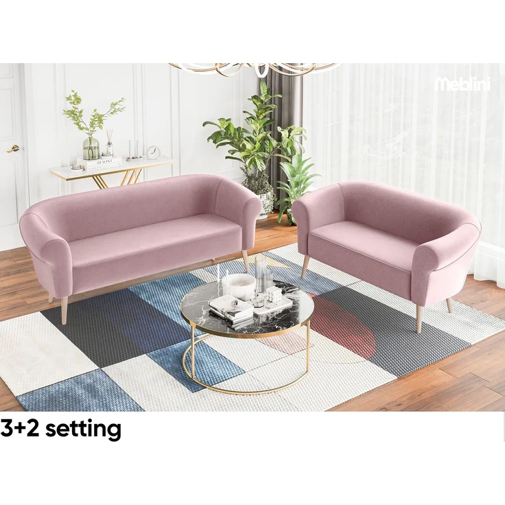 MEBLINI Sofa-Set EMILIA 3+2+1 - Rosa Samt - für Wohnzimmer - Mini Lounge für sechs Personen - Küchensofa - Sofa Klein - Sitzgarnitur - Polstergarnitur - Sofagarnituren – Bild 5