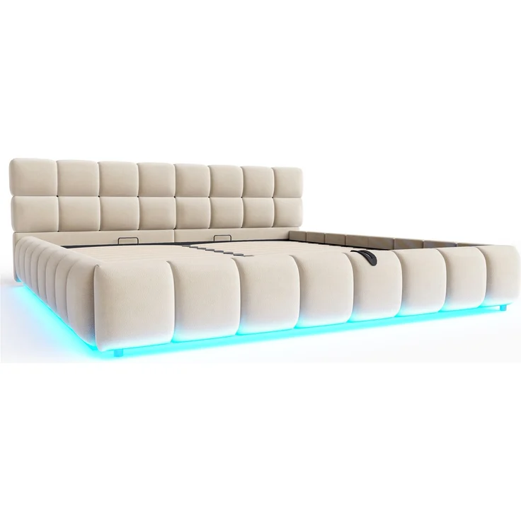 Merax Polsterbett 180 x 200 cm Doppelbett, Mit Lichtleiste, Kopfteil und Bettseiten mit voluminöser, Solider Formgebung, Ausgestattet mit hydraulischer Staufunktion, Samt, Beige – Bild 8