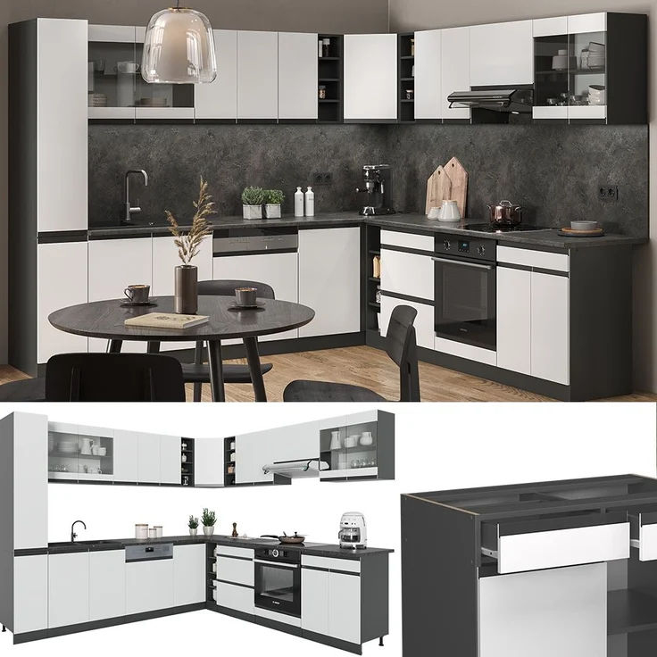 Eckküche R-Line Weiß 257 x 46 cm J-Shape, ohne Arbeitsplatte Vicco – Bild 2