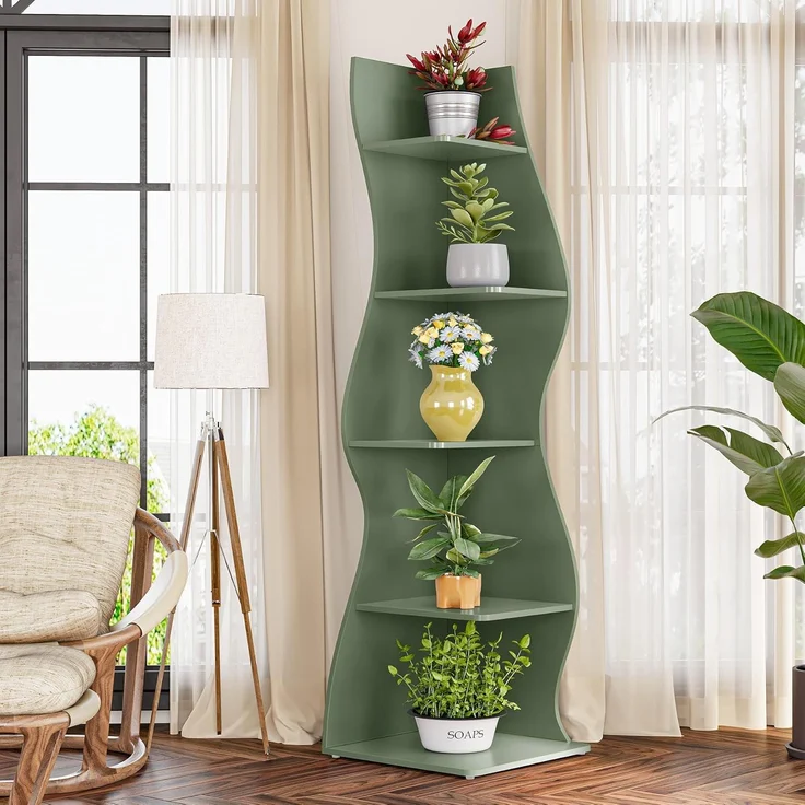 LITTLE TREE Kleines Eckregal, modernes 5-stöckiges Wandeck-Bücherregal, stilvolles Bücherregal, Aufbewahrungsregal für kleinen Raum, Wohnzimmer, Schlafzimmer – Bild 6