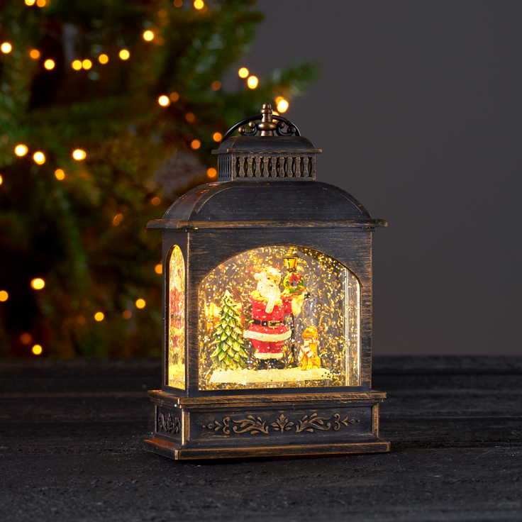 EGLO LED Weihnachtslaterne mit Schneegestöber, beleuchtete Vintage-Schneekugel mit Weihnachtsmann, Fensterdeko für Weihnachten mit Timer, Kunststoff in Bronze