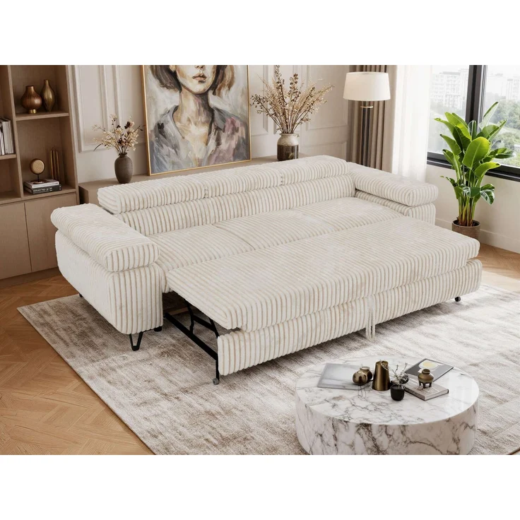 Polstersofa PETER, Sofa 3-Sitzer mit Schlaffunktion, verstellbaren Armlehnen und Kopfstütze, Gepolsterte Couch, Wellenfeder - Beige Cord – Bild 5