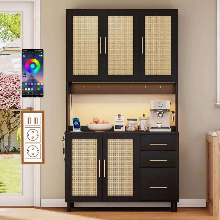 183cm Küchenanrichte, Buffet, App-gesteuerte LED-Deko-Lichter, 2 x USB, 2 x Steckdosen, verstellbare Einlegeböden, 3 Schubladen, goldene Metallgriffe, ideal für Küchen und Esszimmer. – Bild 1