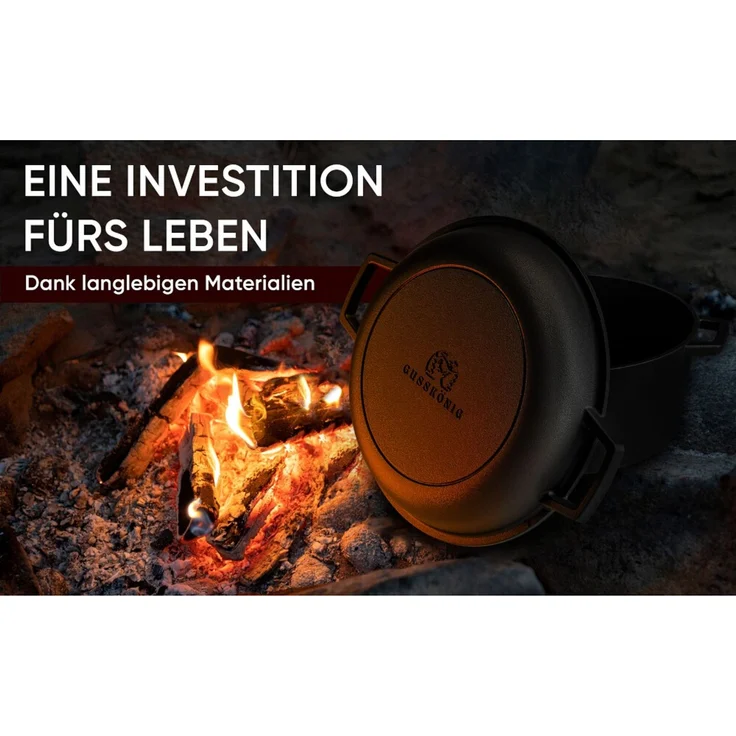 Dutch Oven Set 2in1 5 l aus Gusseisen – mit Ledergriffen, Ringreiniger & Untersetzer, für Grill, Lagerfeuer, Herd & Backofen – Bild 8