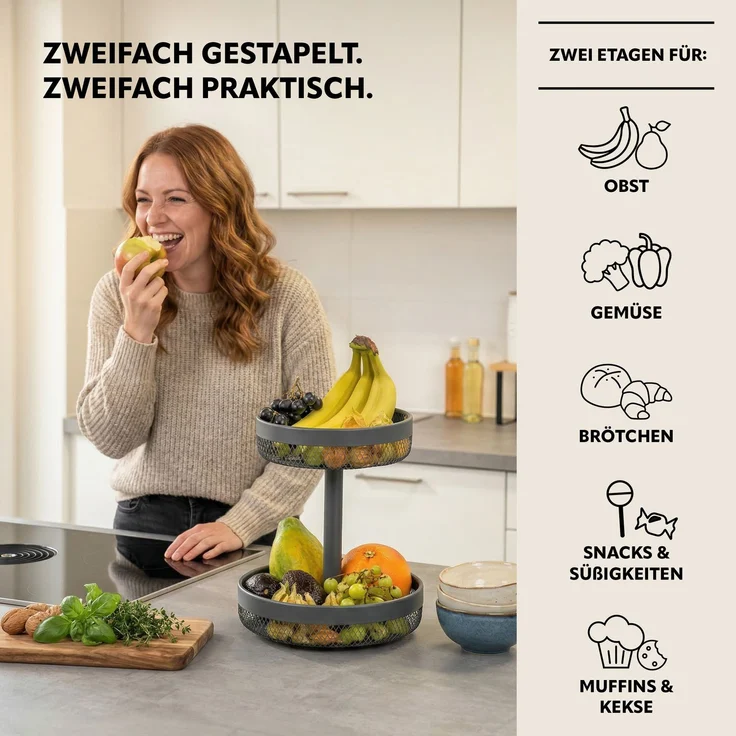 eluno 2-stöckige runde Obstetagere / Brotkorb, Metall, grau, Ø 20 cm und 25 cm – Bild 2