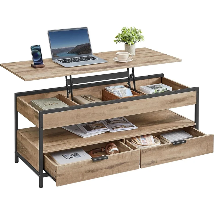 VASAGLE Couchtisch, höhenverstellbarer Wohnzimmertisch, Kaffeetisch, mit Schubladen, offenes Fach, 50x120 cm, Kamelbraun-tintenschwarz LCT252K02