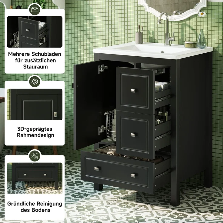 Waschtischunterschrank mit Keramikbecken 62 x 47 x 90 cm – Schwarz, 3 Schubladen und 1 Tür – Bild 6