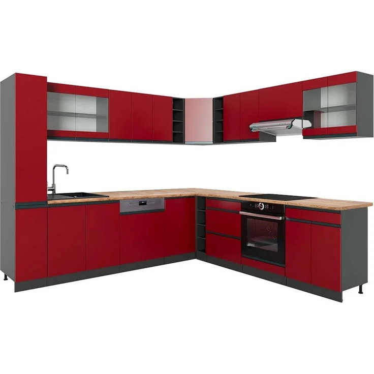 Eckküche R-Line Rot/Anthrazit 277 x 257 cm J-Shape, AP Eiche Vicco – Bild 1