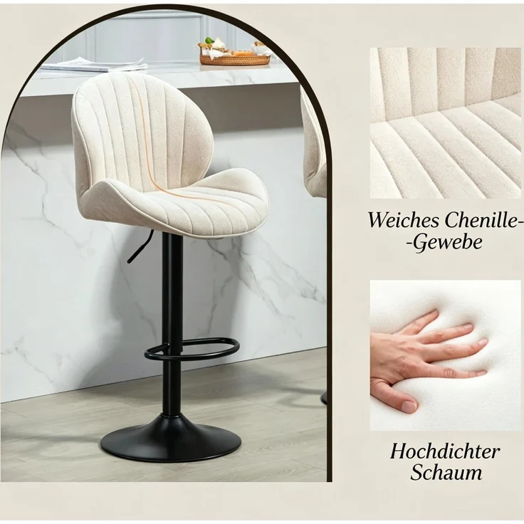 2‑er Set schalenförmige Barhocker mit Rückenlehne, höhenverstellbar, Fußstütze, Stahlrahmen(nur mit 2pcs Barhocker)--Beige--48x50x115cm--YOUDENOVA – Bild 6