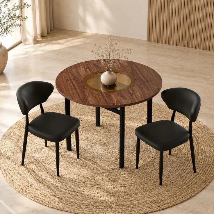 Esstisch-Set 76x100x100 cm in Braun/Schwarz mit Glasintarsie und 2 PU-Polsterstühlen – Bild 2