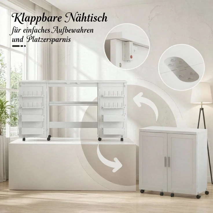 Klappnahttisch Möbelnäht mit Rollen, 2 Magnettüren, 4 Behälter & 20 Häkeln, Multifunktionaler Aufbewahrungstisch(nur mit 1pcs Aufbewahrungstisch)--Weiß--160x40x81.5cm--YOUDENOVA – Bild 5