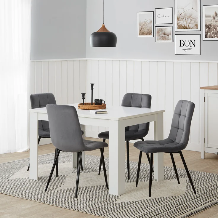 Esstisch mit 4 Stühlen Set Essgruppe Samt Polsterstühle Grau Küchentisch Modern Holz Weiß 120x80 cm Esszimmertisch Massiv – Bild 2