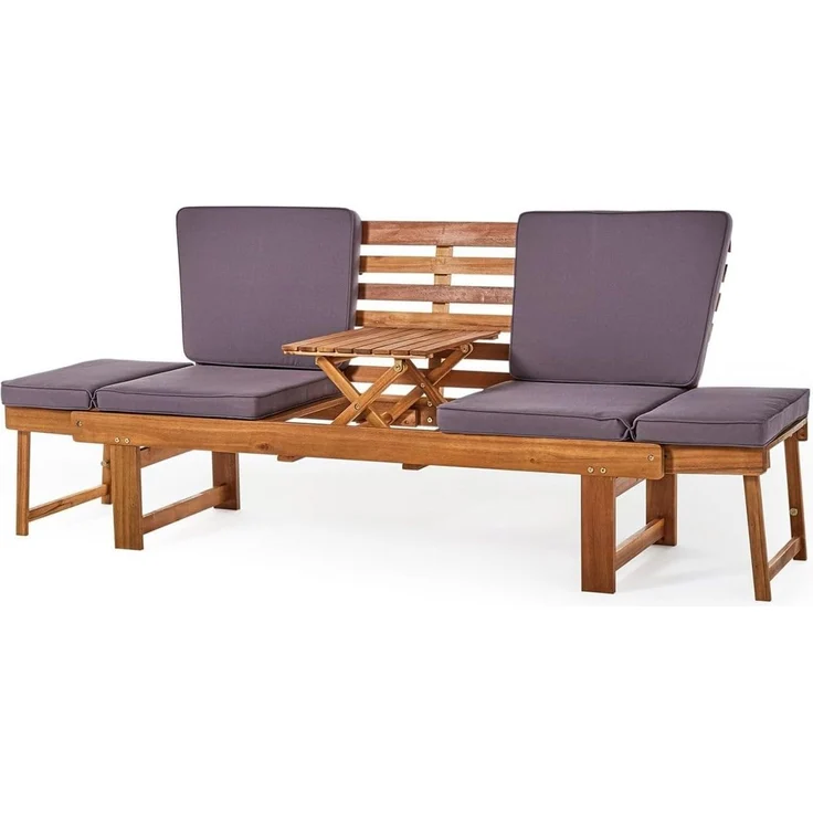 Wohnando Sitzbank Gartenbank "Monte" 202x 67x87cm (BxTxH), massives Akazienholz, FSC (1-St), braun, graue Sitzauflage, ausklappbarer Tisch, umklappbare Seitenteile – Bild 5