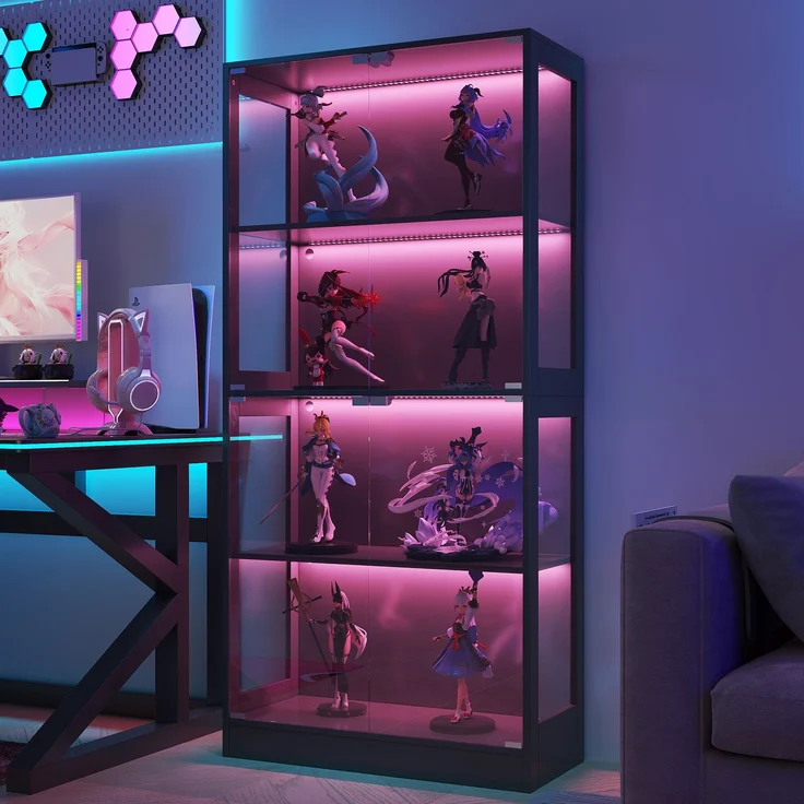 Merax 170 cm LED Vitrine, Glas Sammlungsvitrine Transparent, 4 Ebenen Stauraum, App-gesteuertes LED-Licht, Push-to-Open Türen, Vitrine für Figuren & Modelle, Schwarz – Bild 2