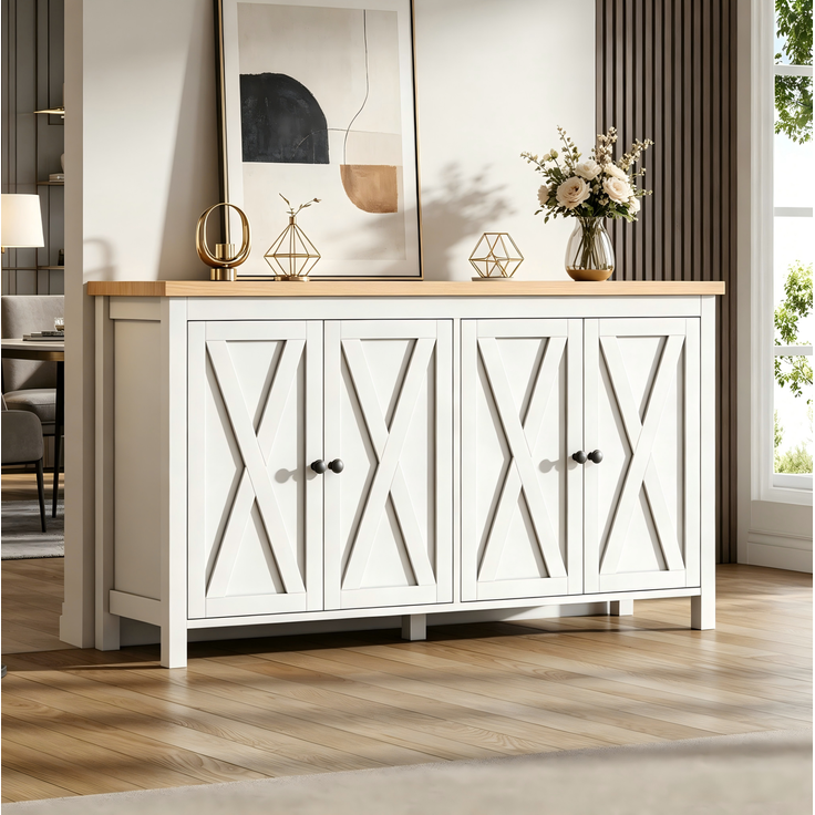 DESVIAE Sideboard mit 4 Türen und verstellbaren Einlegeböden 140x78x40 cm MDF Weiß – Bild 3