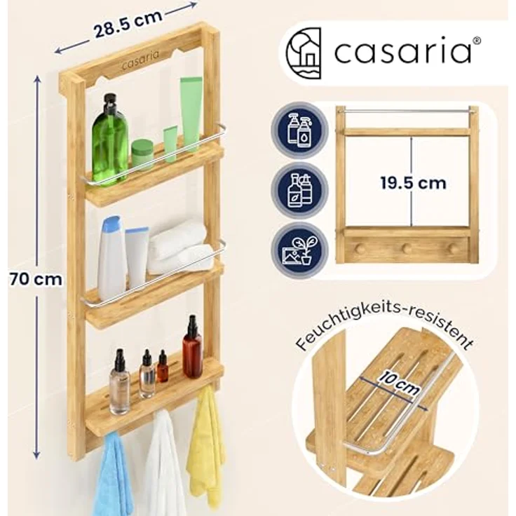Casaria Badregal mit 3 Böden und 3 Haken, Bambus natur, 28,5 x 70 x 10 cm – Bild 4