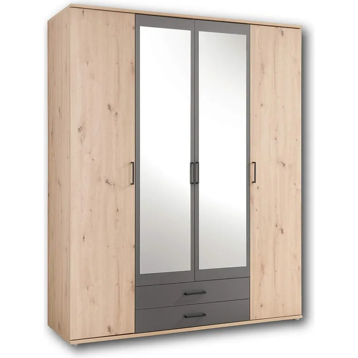 POL Power 'Chicago' Kleiderschrank mit Spiegel, 4-türig, Artisan Eiche/Anthrazit grau, 159 x 197 x 54 cm (B/H/T)