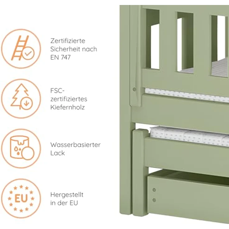 Kids Collective Etagenbett Hochbett Stockbett Kinderbett 90x200 cm mit Ausziehbett und Schubladen (mit drei Matratzen inklusive), Umbaubar zu 3 Einzelbetten mit Lattenrosten & Rausfallschutz, Olivgrün – Bild 10
