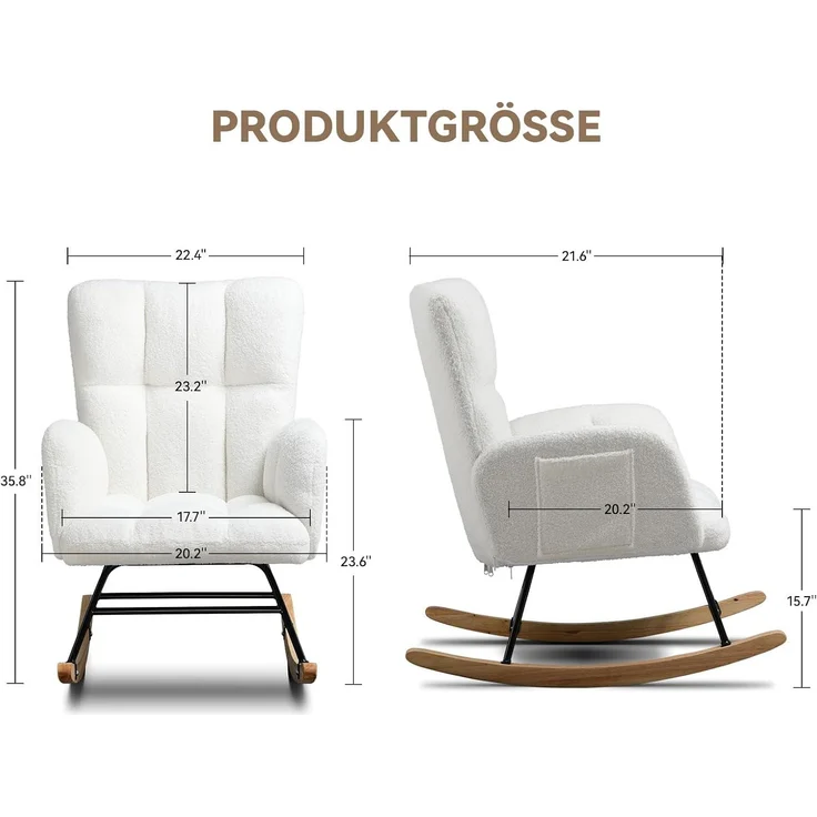 COMHOMA Schaukelstuhl, Relaxsessel mit Armlehnen, Ohrensessel aus Teddy-Plüsch Schaukelsessel, bis 150 kg belastbar, sonnenliege gartenliege für Schlafzimmer, Wohnzimmer, Stilvolles Design weiß – Bild 3