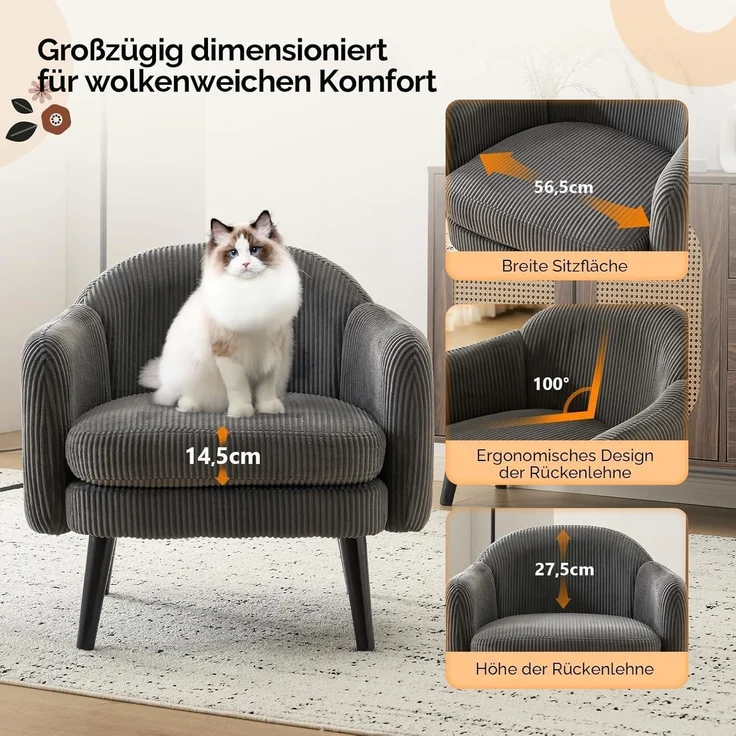 Sessel Cocktailsessel Loungesessel Lesesessel 113kg Cord-stoff Grau – Bild 4