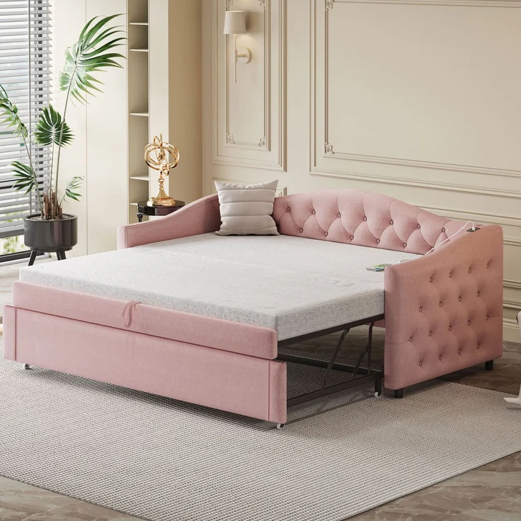 Polsterbett Ausziehbares Schlafsofa, 90*200 cm, Mit USB-Anschluss, Klassische Form mit Knöpfen mit Lattenrost, Multifunktionsbett - Gästebett, Leinenstoff, Grau (Matratze nicht enthalten) – Bild 2