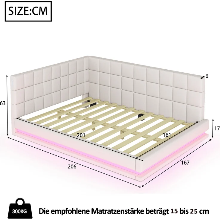 Polsterbett, Schlafsofa Multifunktionsbett mit LED-Lichtleiste USB Steckdose Lattenrost, Samt, Beige, 160x200cm – Bild 5