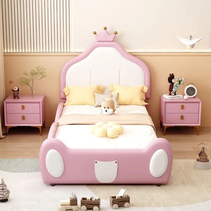 Kindereinzelbett 90×200 cm aus Kunstleder mit kronenförmigem Kopfteil, rosa – Bild 2