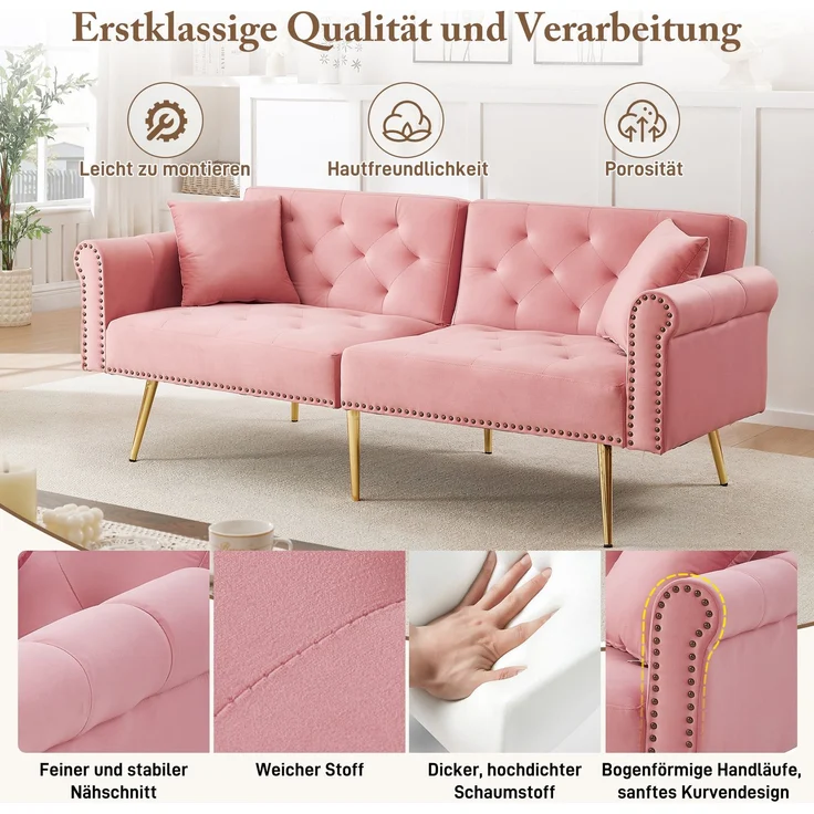 Schlafsofa in Rosa mit verstellbarer,vergoldete Metallfüße, 3 Stufen Rückenlehne, 2 flauschige Sofakissen, versteckter Stauraum – Bild 7