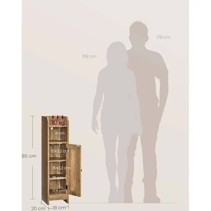 VASAGLE Badezimmerschrank klein, Badschrank schmal, stehend, mit Tür und Regal, kleiner Schrank für Toilettenpapier, Toilettenschrank, verstellbare Ablagen, 20 x 18 x 80 cm, honigbraun, BBK310K01 – Bild 3