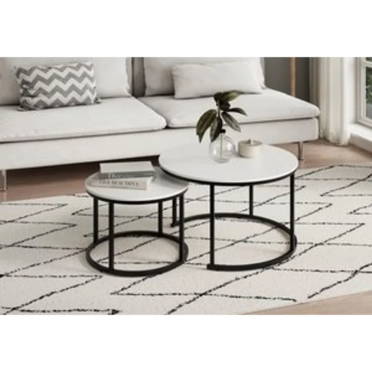 Home Collective Couchtisch 2er Set aus Holz, Wohnzimmertisch Modern (Büro Beistelltisch Loft Design TWIN, kratzfeste Oberfläche, Set 2 in 1), weiß, Rund Beistelltisch Set 2 in 1, Metallgestell für Wohnzimmer – Bild 6