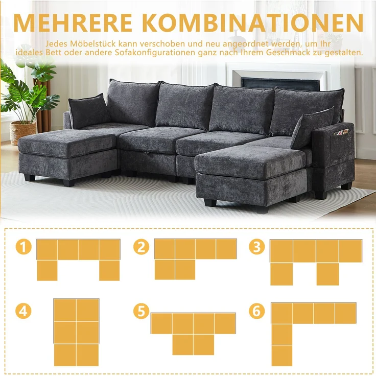 EINHOM Modulares Chenille-Sofa, Ecksofas für das Wohnzimmer U-förmiges Ecksofa mit Stauraum-Ottomane, 6-Sitzer-Ecksofas mit Chaiselongue – Bild 6