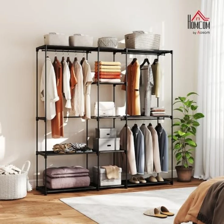 HOMCOM Kleiderschrank Offen 4 Stock Garderobe 182 x 43 x 185 cm Schwarz | Kleiderständer, Mit 2 Hängefächern, Für Wohnzimmer, Schlafzimmer – Bild 2